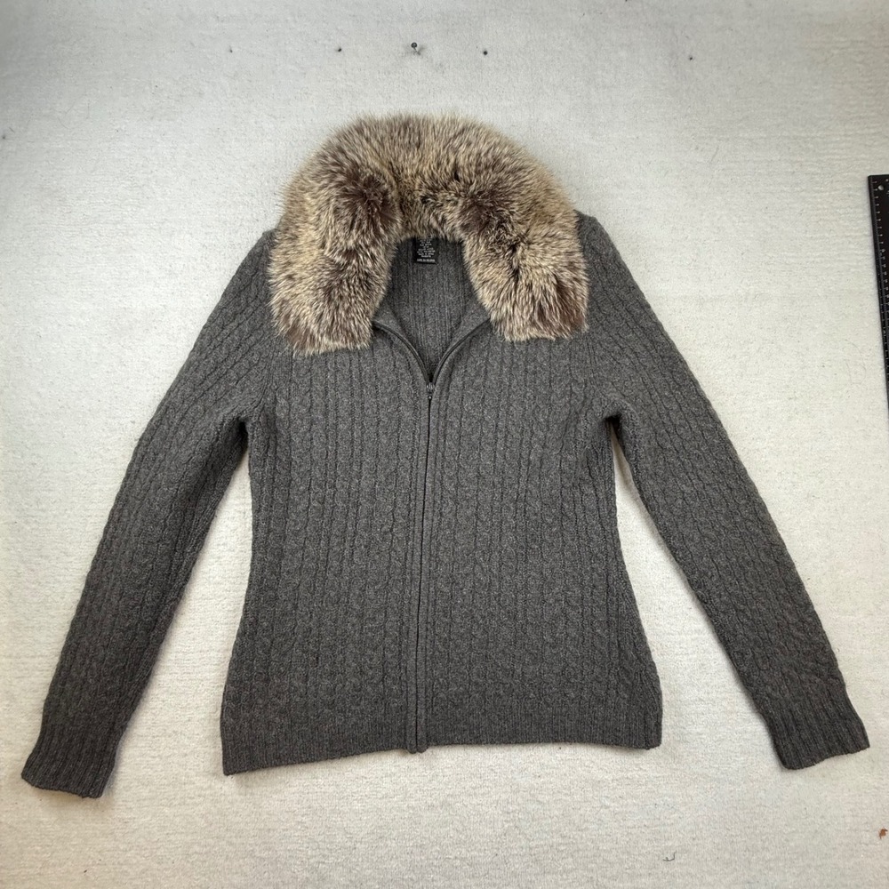 Marina Luna Cashmere Cardigan XL Gray Cable Knit Fox Fur Collar Sweater mob wife